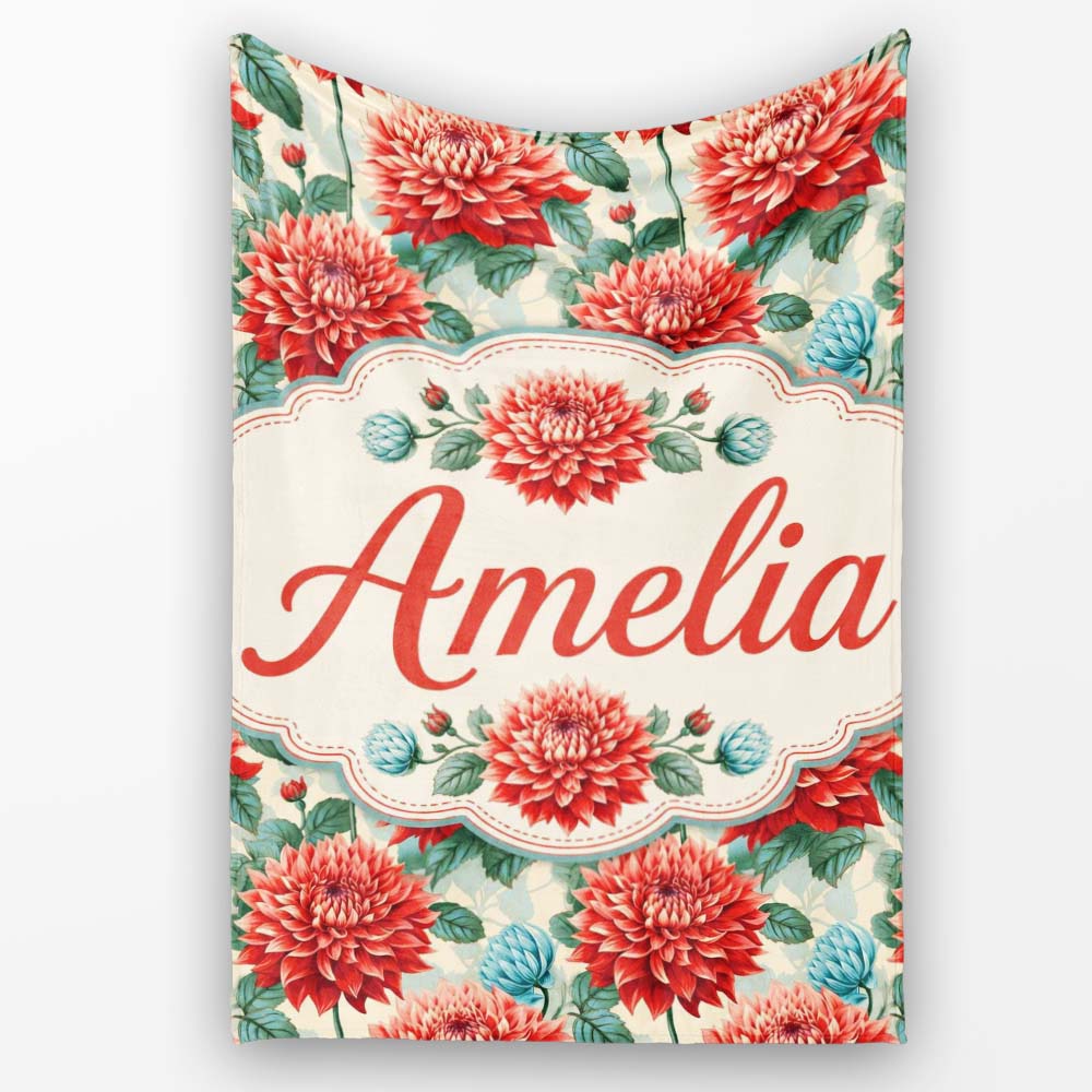 Red Dahlia Botanical Floral Seamless Pattern Detailed Bloom Design  Personalised Custom Name Super Soft Fleece Blanket Bed Sofa Throw