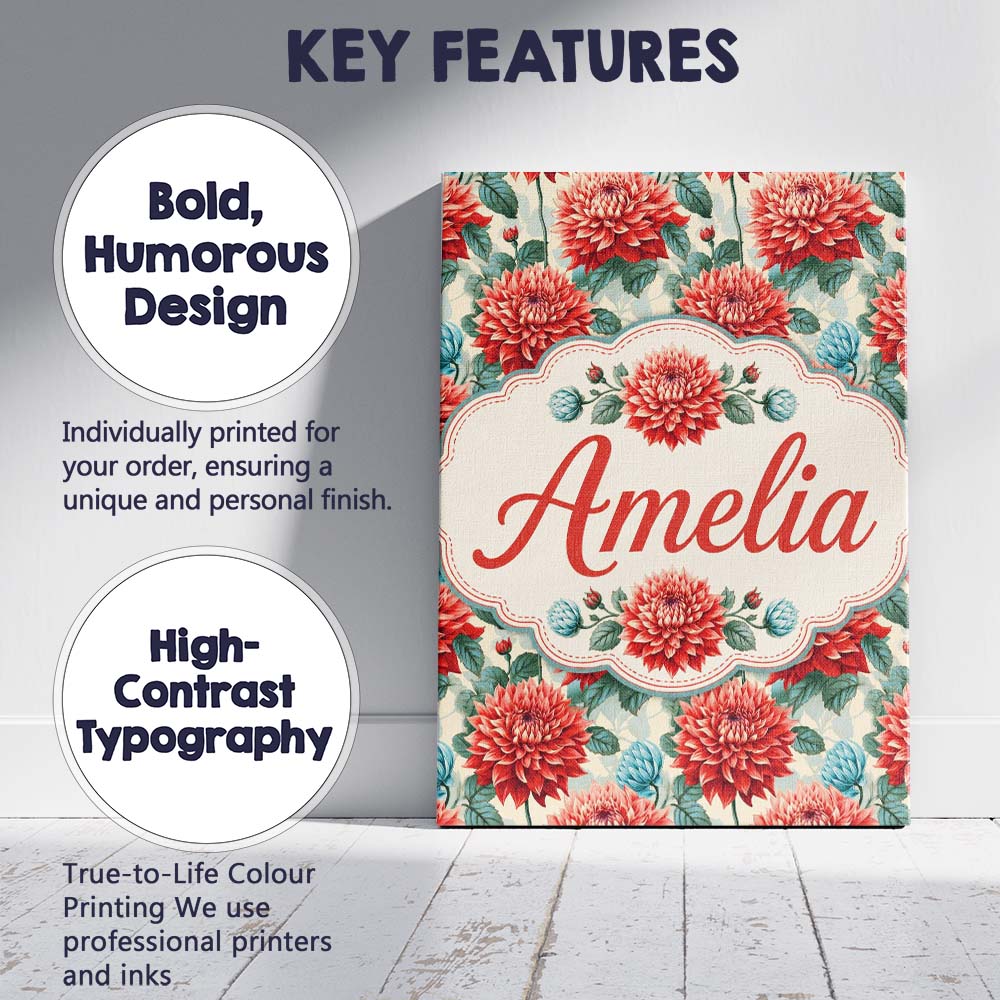 Personalised Name Red Dahlia Botanical Custom  Modern Room Accent Elegant Feature Canvas Wall Art Print Decor Picture Ready to Hang
