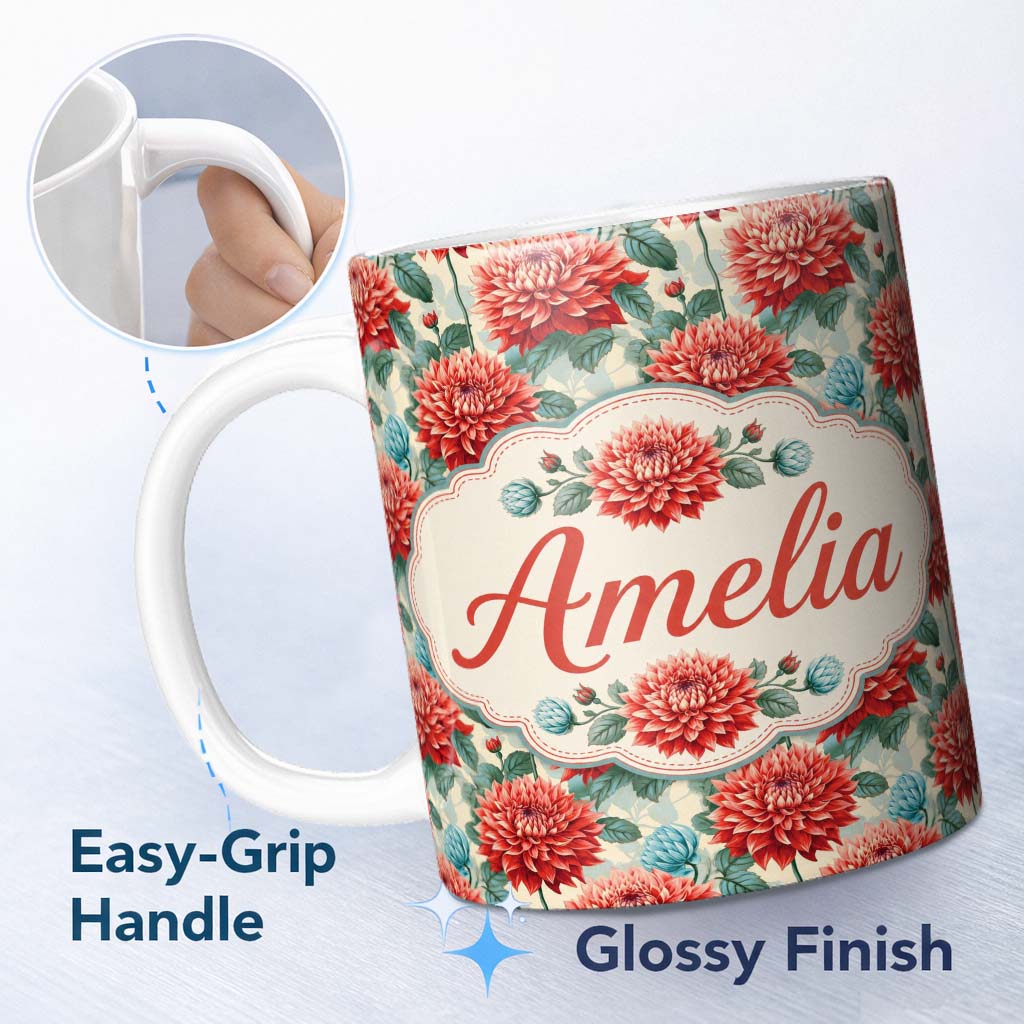 Personalized Custom Name Red Dahlia Botanical Floral Seamless Pattern Detailed Bloom Design 11oz Ceramic Coffee Tea Mug White Large Handle