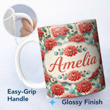 Personalized Custom Name Red Dahlia Botanical Floral Seamless Pattern Detailed Bloom Design 11oz Ceramic Coffee Tea Mug White Large Handle