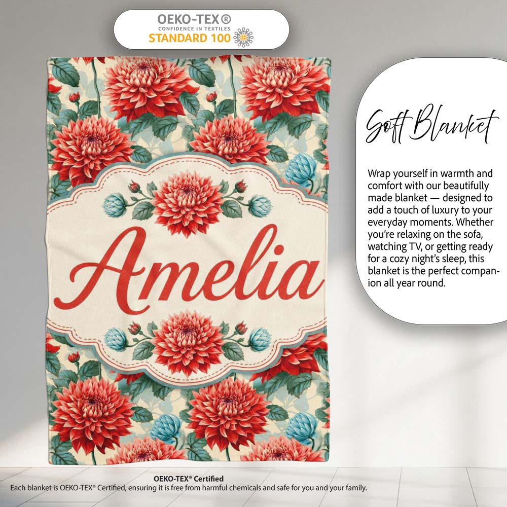 Red Dahlia Botanical Floral Seamless Pattern Detailed Bloom Design  Personalised Custom Name Super Soft Fleece Blanket Bed Sofa Throw