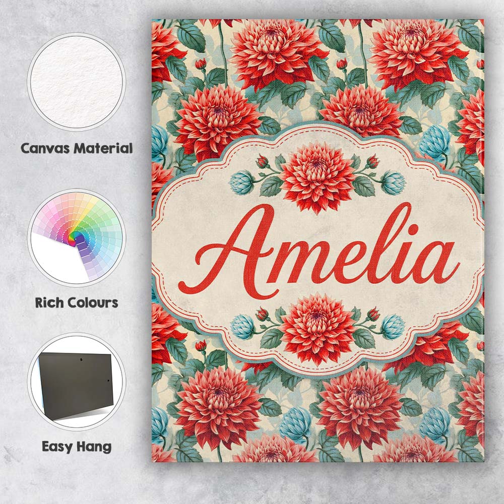 Personalised Name Red Dahlia Botanical Custom  Modern Room Accent Elegant Feature Canvas Wall Art Print Decor Picture Ready to Hang