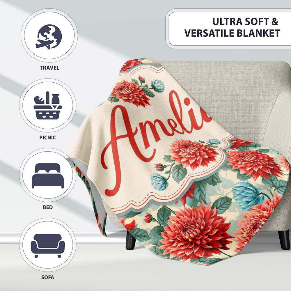 Red Dahlia Botanical Floral Seamless Pattern Detailed Bloom Design  Personalised Custom Name Super Soft Fleece Blanket Bed Sofa Throw