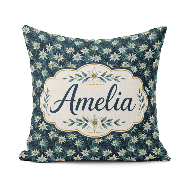 Custom Name White Wildflowers Dense Botanical Dark Blue Seamless Square Filled Cushion Throw Pillow Sofa Bed Home Decor Zip Washable UK Made