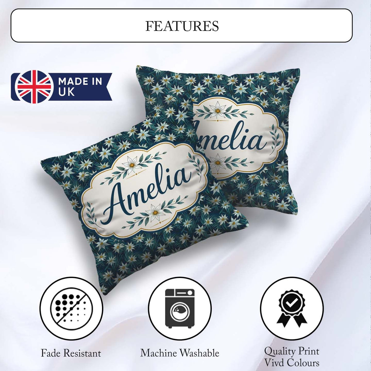 Custom Name White Wildflowers Dense Botanical Dark Blue Seamless Square Filled Cushion Throw Pillow Sofa Bed Home Decor Zip Washable UK Made