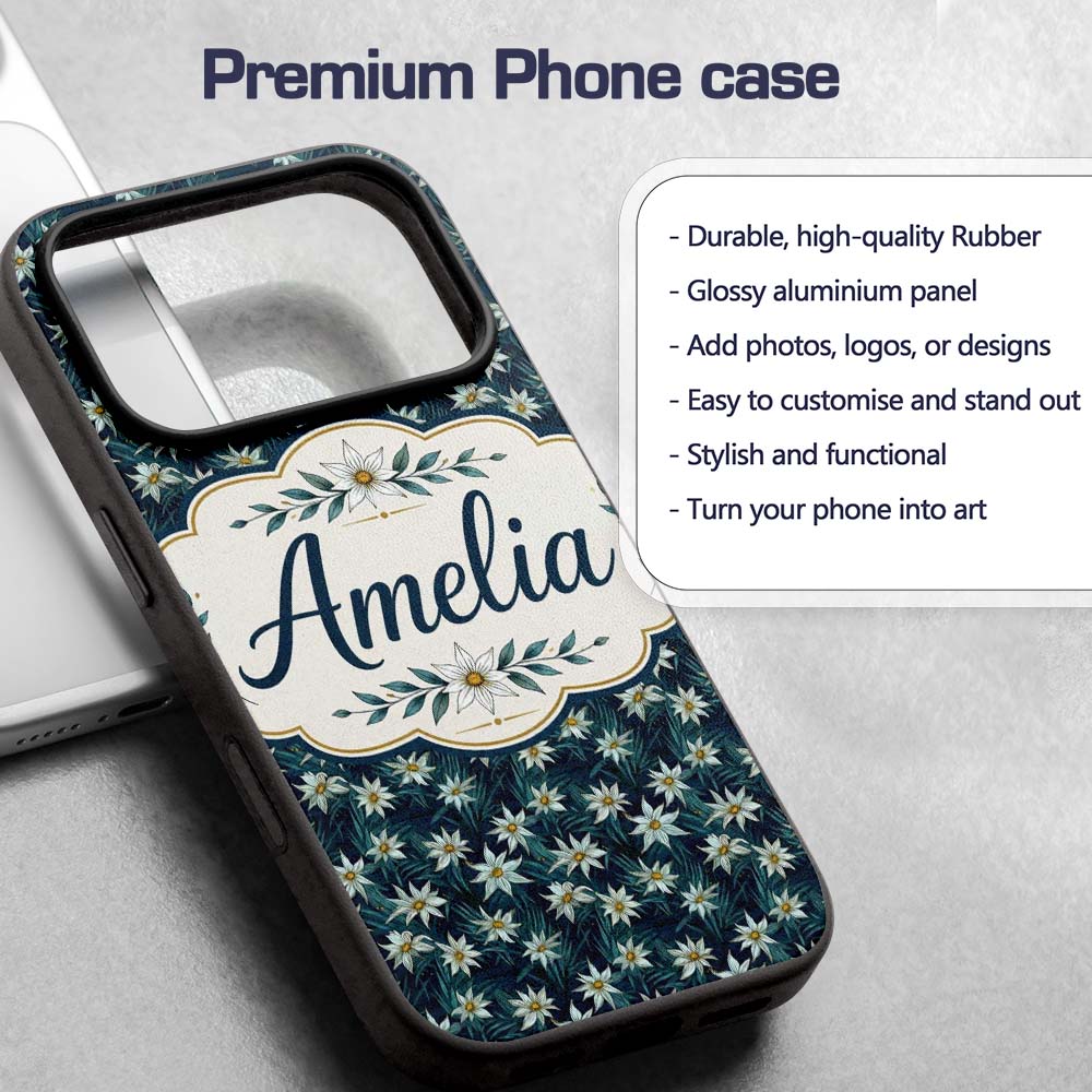 White Wildflowers Dense Botanical Printed Design Custom Name Protective Phone Case Mobile Cover Durable Everyday Smartphone Shock Resistant