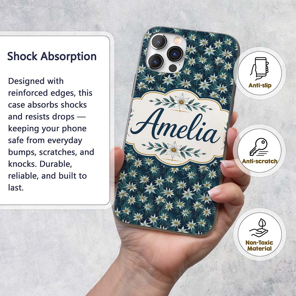 White Wildflowers Dense Botanical Printed Design Custom Name Protective Phone Case Mobile Cover Durable Everyday Smartphone Shock Resistant