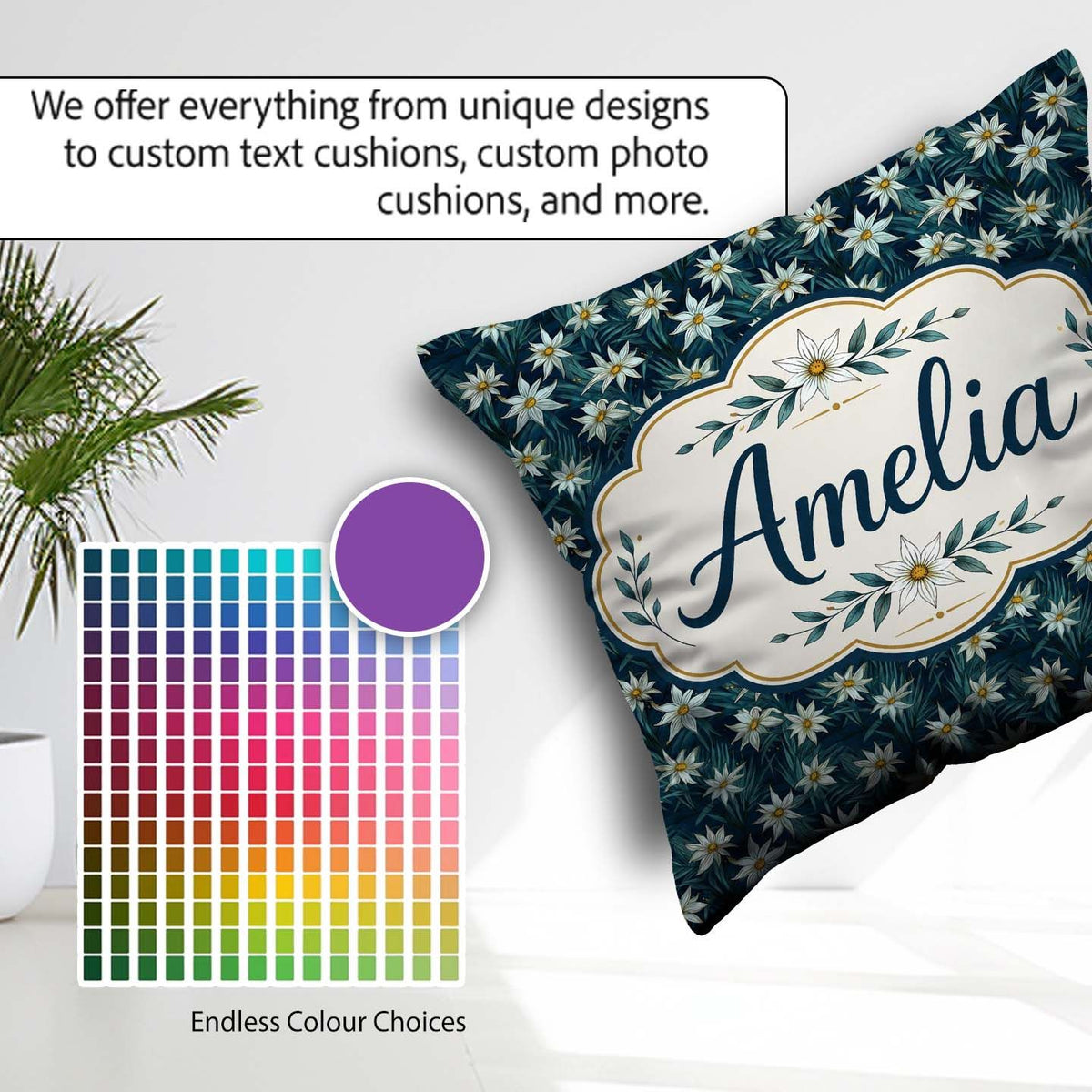 Custom Name White Wildflowers Dense Botanical Dark Blue Seamless Square Filled Cushion Throw Pillow Sofa Bed Home Decor Zip Washable UK Made