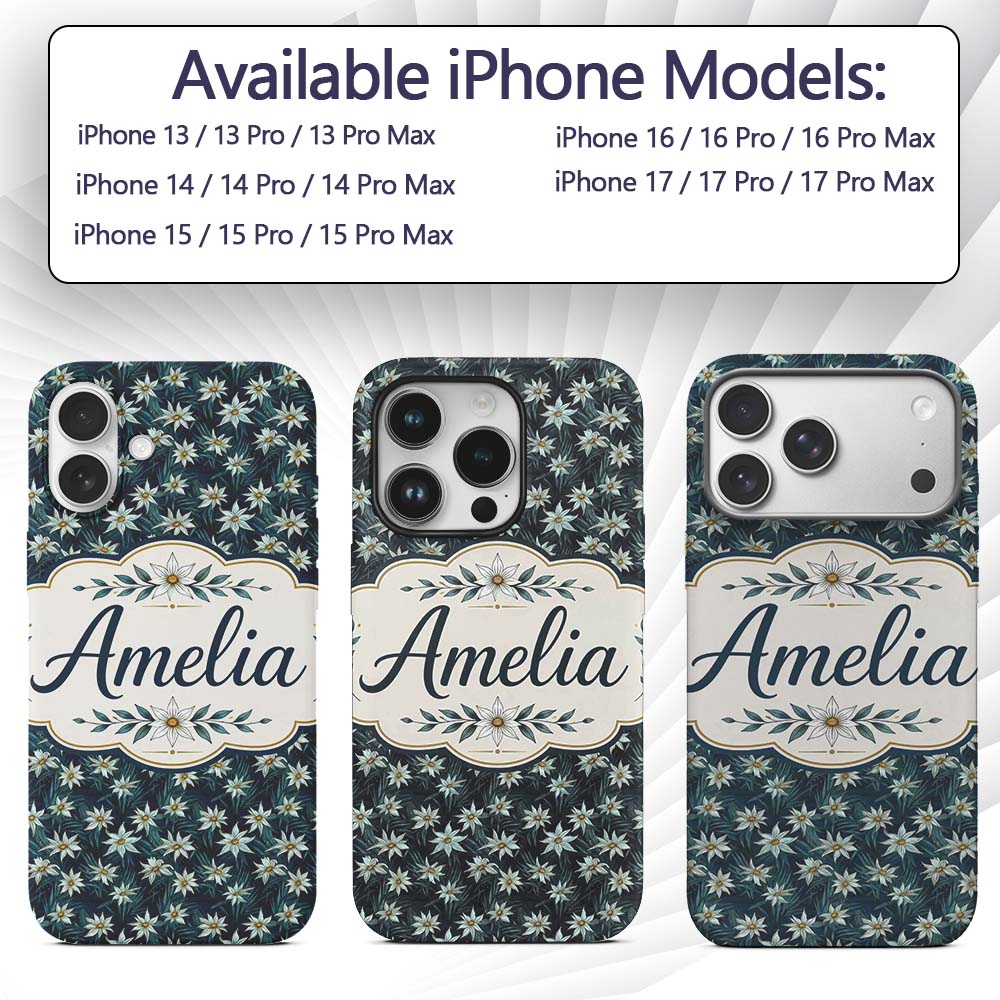 White Wildflowers Dense Botanical Printed Design Custom Name Protective Phone Case Mobile Cover Durable Everyday Smartphone Shock Resistant