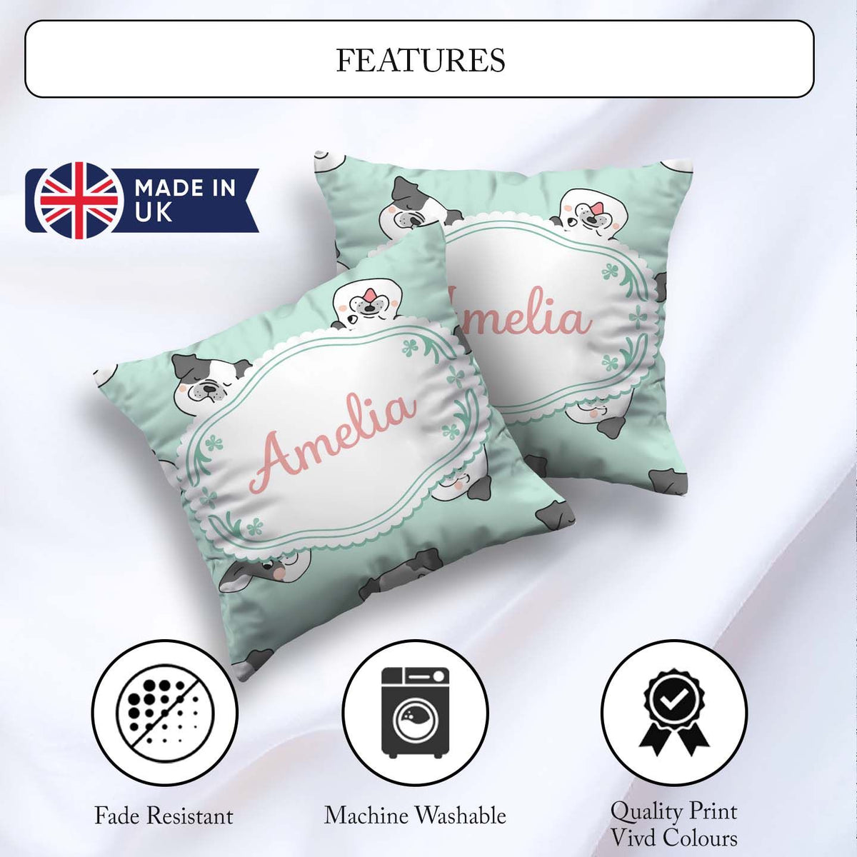 Custom Name Cute French Bulldog Teal Background Seamless Pattern Square Filled Cushion Throw Pillow Sofa Bed Home Decor Zip Washable UK Made