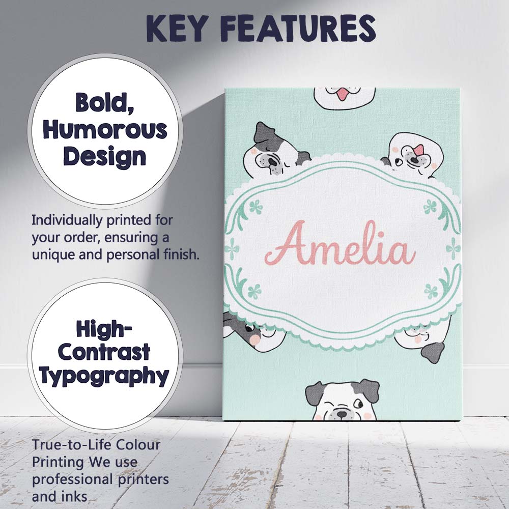 Personalised Name Cute French Bulldog Faces Teal Background Seamless Custom  Home Canvas Wall Art Print Decor Picture Ready to Hang