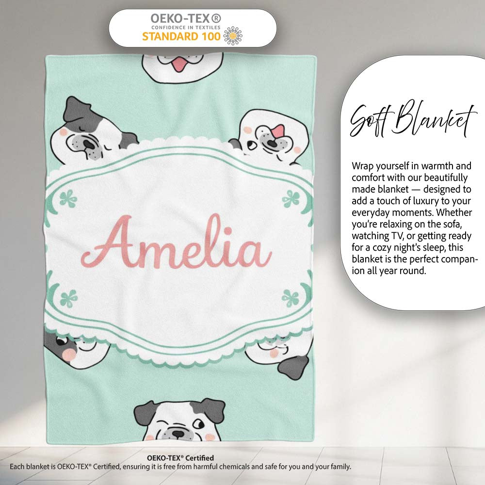 Cute French Bulldog Faces Teal Background Seamless Pattern Lovely  Personalised Custom Name Super Soft Fleece Blanket Bed Sofa Throw