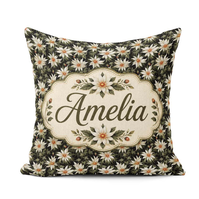 Custom Name White Clematis Flowers Background Seamless Botanical Square Filled Cushion Throw Pillow Sofa Bed Home Decor Zip Washable UK Made