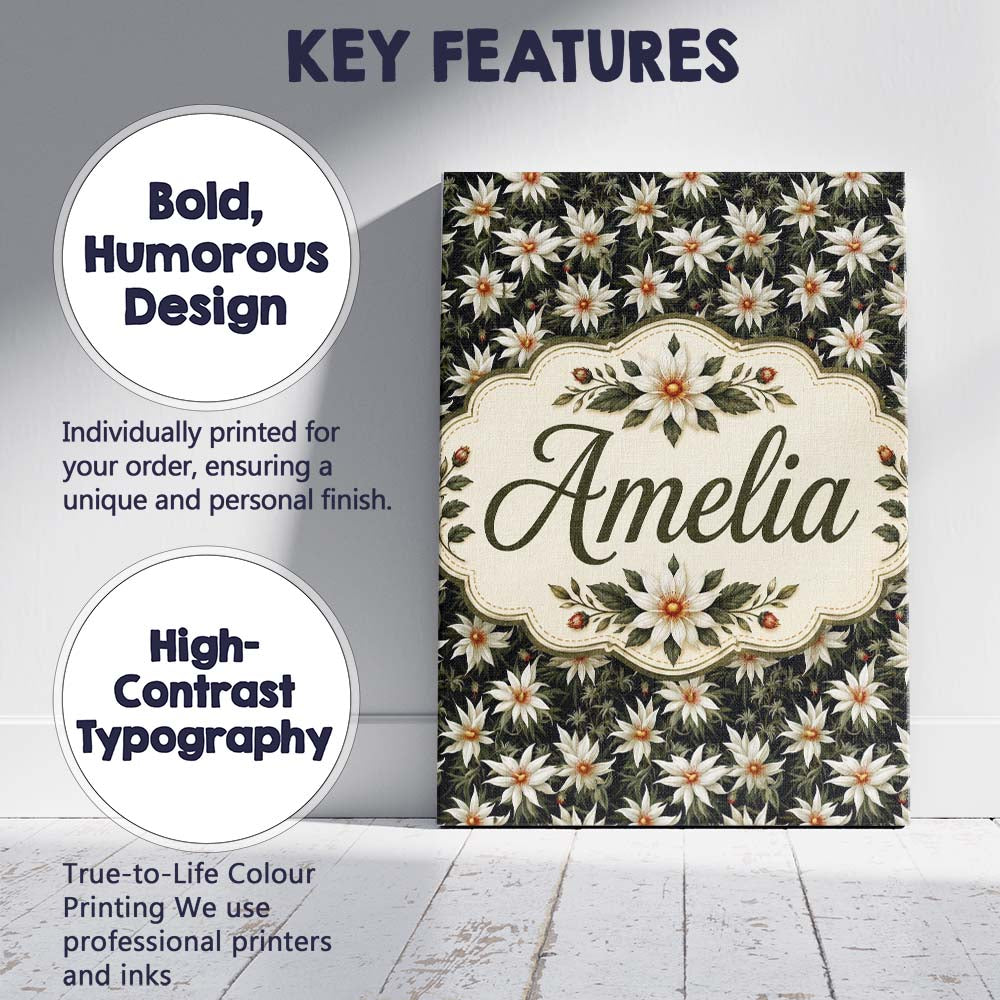 Personalised Name White Clematis Flowers Custom  Unique Gift Idea Elegant Feature Canvas Wall Art Print Decor Picture Ready to Hang