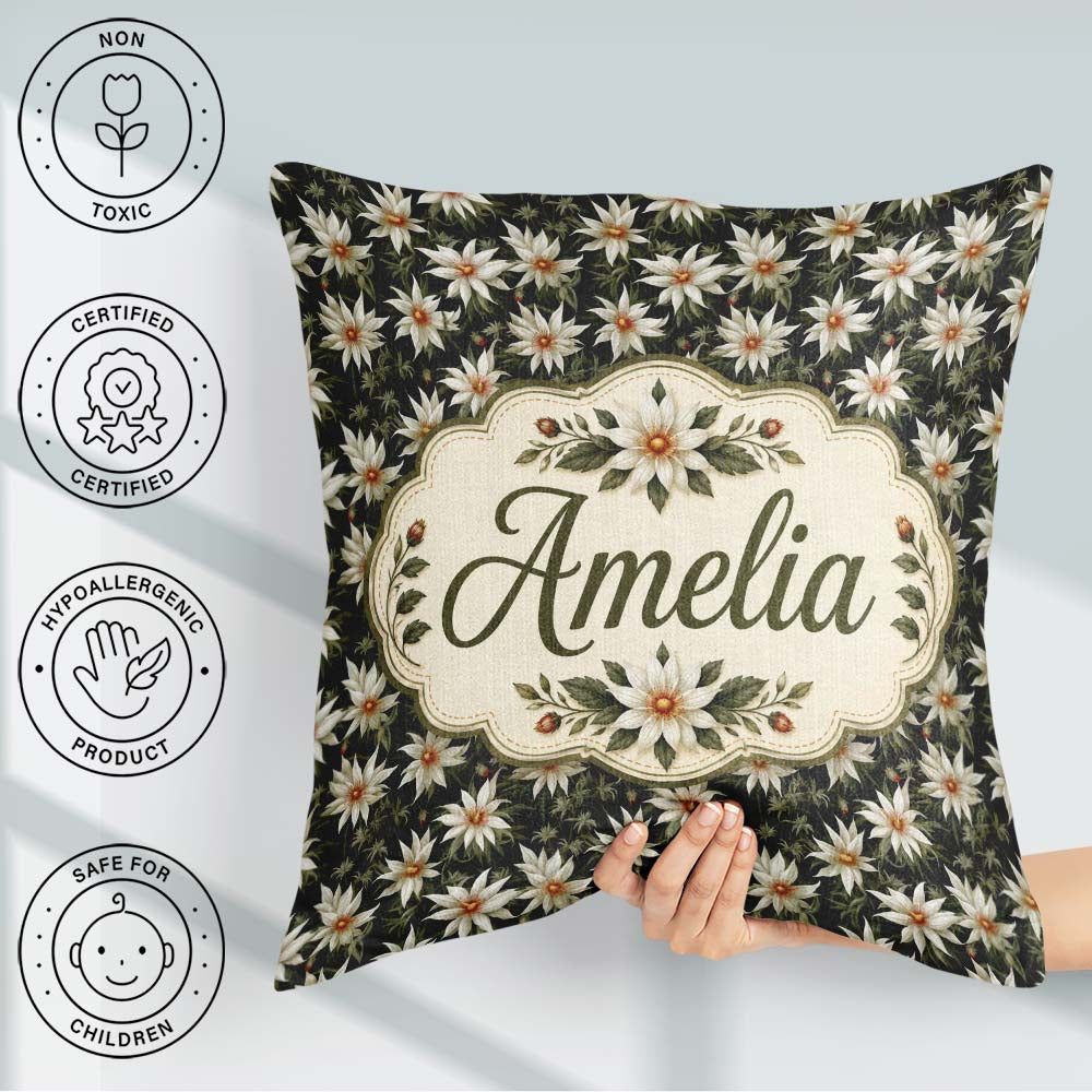 Custom Name White Clematis Flowers Background Seamless Botanical Square Filled Cushion Throw Pillow Sofa Bed Home Decor Zip Washable UK Made