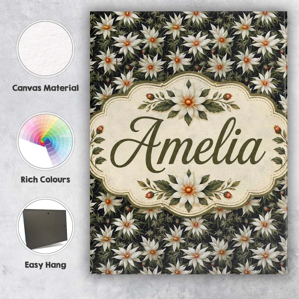 Personalised Name White Clematis Flowers Custom  Unique Gift Idea Elegant Feature Canvas Wall Art Print Decor Picture Ready to Hang