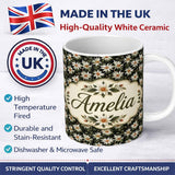 Personalized Custom Name White Clematis Flowers Black Background Seamless Pattern Botanical 11oz Ceramic Coffee Tea Mug White Large Handle