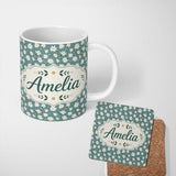 Personalized Custom Name Minimal White Daisy Flowers Sage Green Seamless Pattern Simple 11oz Ceramic Coffee Tea Mug White Large Handle
