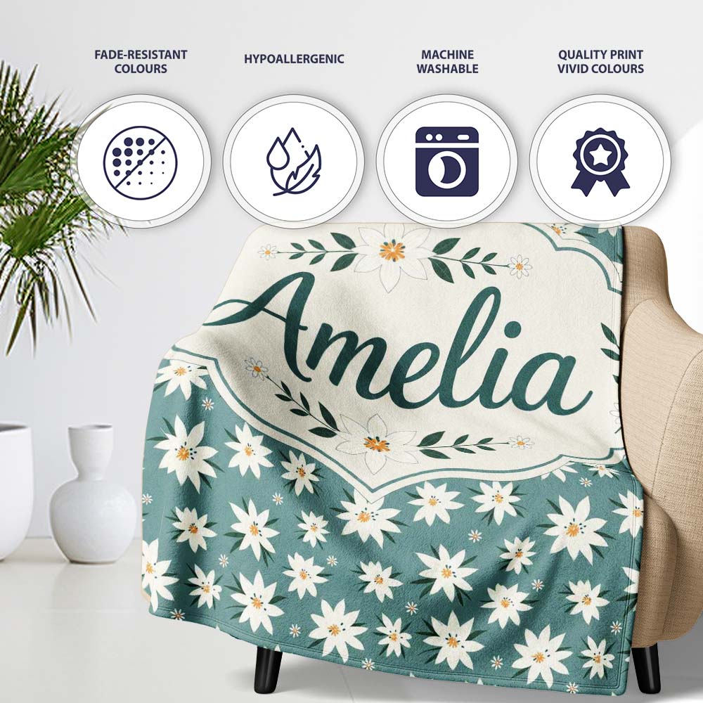 Minimal White Daisy Flowers Sage Green Seamless Pattern Simple  Personalised Custom Name Super Soft Fleece Blanket Bed Sofa Throw
