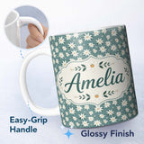 Personalized Custom Name Minimal White Daisy Flowers Sage Green Seamless Pattern Simple 11oz Ceramic Coffee Tea Mug White Large Handle