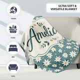 Minimal White Daisy Flowers Sage Green Seamless Pattern Simple  Personalised Custom Name Super Soft Fleece Blanket Bed Sofa Throw