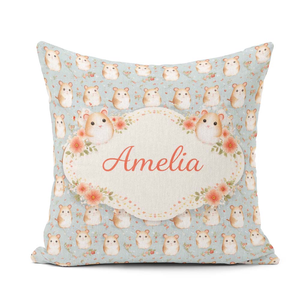 Custom Name Hamster Floral Branch Cute Animal Seamless Pattern Square Filled Cushion Throw Pillow Sofa Bed Home Decor Zip Washable UK Made