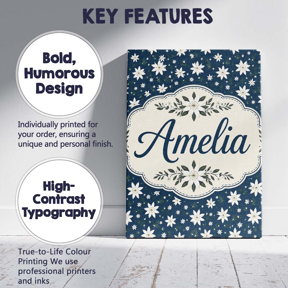 Personalised Name Small White Floral Custom Premium Decorative Design Modern Room Accent Canvas Wall Art Print Decor Picture Ready to Hang