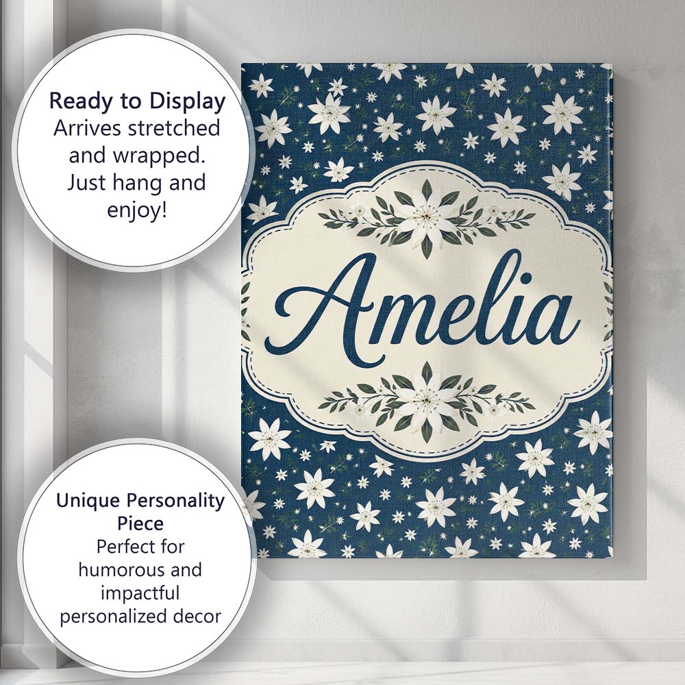 Personalised Name Small White Floral Custom Premium Decorative Design Modern Room Accent Canvas Wall Art Print Decor Picture Ready to Hang