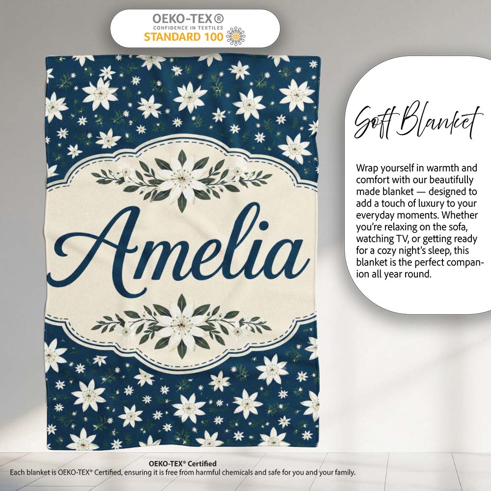 Small White Floral Scatter Navy Background Seamless Pattern  Personalised Custom Name Super Soft Fleece Blanket Bed Sofa Throw