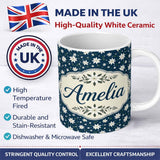 Personalized Custom Name Small White Floral Scatter Navy Background Seamless Pattern 11oz Ceramic Coffee Tea Mug White Large Handle