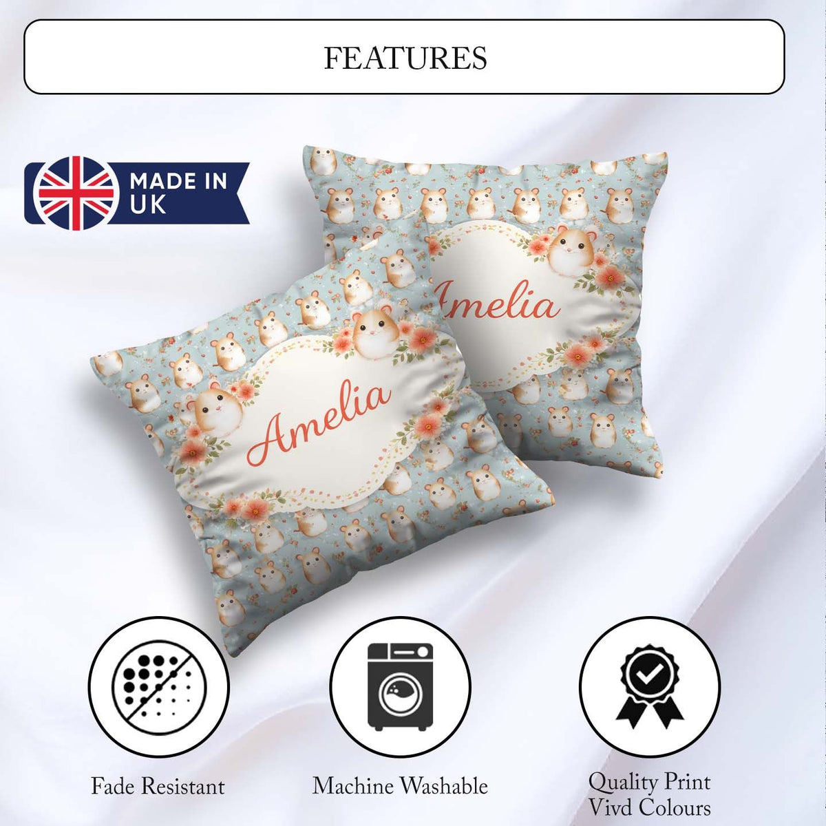 Custom Name Hamster Floral Branch Cute Animal Seamless Pattern Square Filled Cushion Throw Pillow Sofa Bed Home Decor Zip Washable UK Made