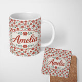 Personalized Custom Name Red Folk Floral Pattern Cream Background Scandinavian Style Name 11oz Ceramic Coffee Tea Mug White Large Handle
