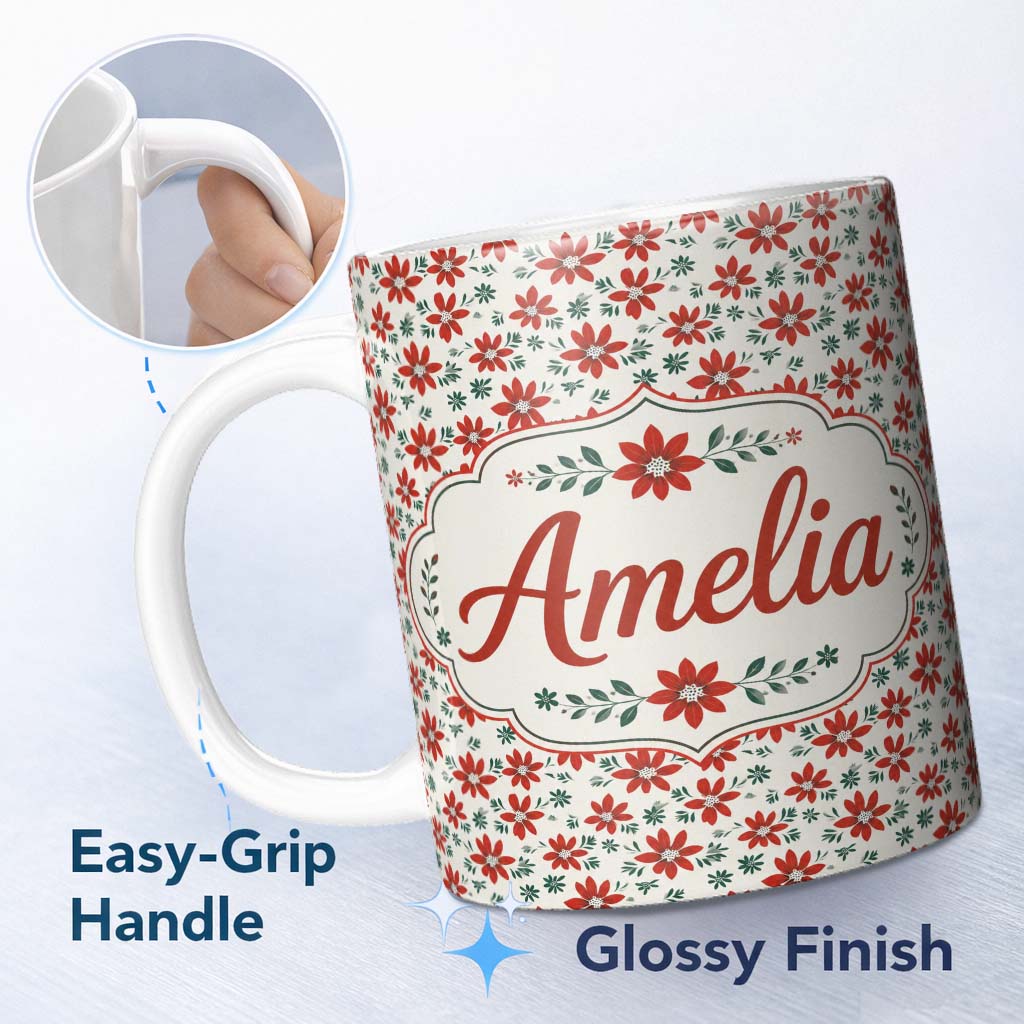 Personalized Custom Name Red Folk Floral Pattern Cream Background Scandinavian Style Name 11oz Ceramic Coffee Tea Mug White Large Handle