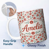 Personalized Custom Name Red Folk Floral Pattern Cream Background Scandinavian Style Name 11oz Ceramic Coffee Tea Mug White Large Handle