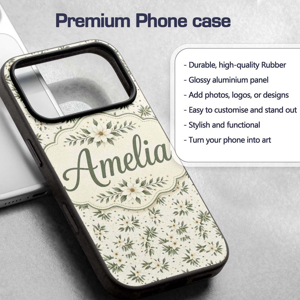 Soft White Floral Sprigs Cream Printed Design Custom Name Protective Phone Case Mobile Cover Durable Everyday Smartphone Shock Resistant