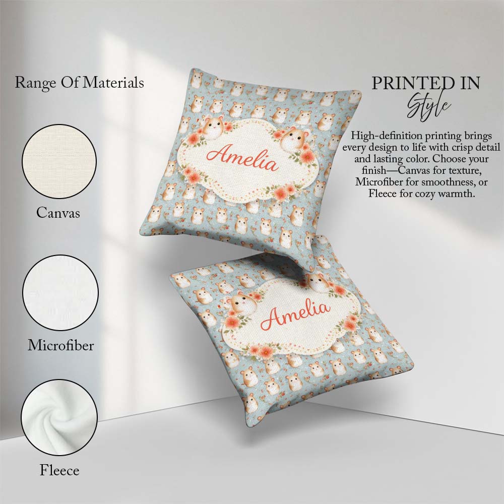 Custom Name Hamster Floral Branch Cute Animal Seamless Pattern Square Filled Cushion Throw Pillow Sofa Bed Home Decor Zip Washable UK Made