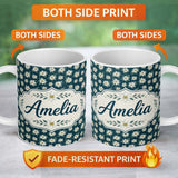Personalized Custom Name White Alpine Flowers Dark Teal Seamless Pattern Nature Botanical 11oz Ceramic Coffee Tea Mug White Large Handle