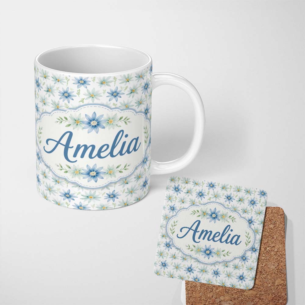 Personalized Custom Name Blue Floral Watercolor Seamless Pattern Soft Botanical Design Name 11oz Ceramic Coffee Tea Mug White Large Handle