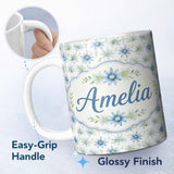 Personalized Custom Name Blue Floral Watercolor Seamless Pattern Soft Botanical Design Name 11oz Ceramic Coffee Tea Mug White Large Handle