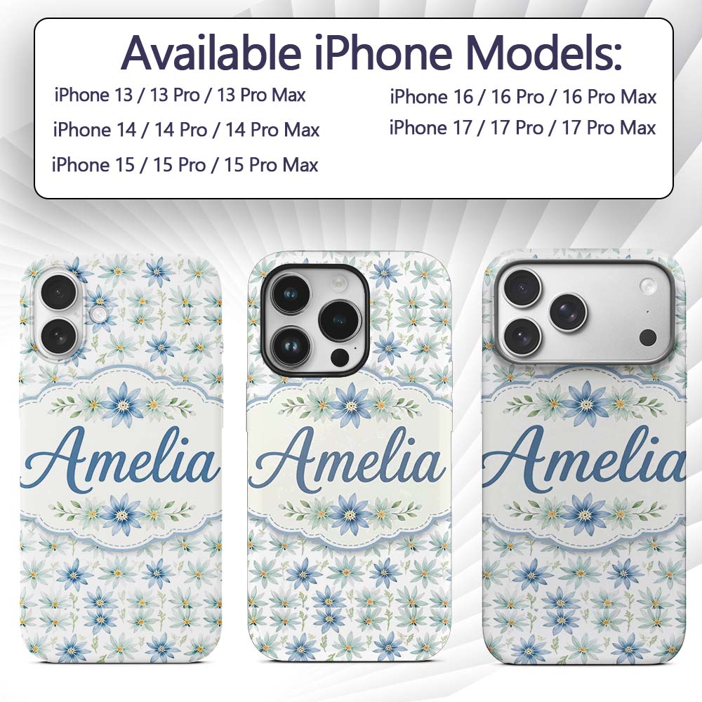 Blue Floral Watercolor Seamless Pattern Soft Custom Name Protective Phone Case Mobile Cover Durable Everyday Smartphone Shock Resistant