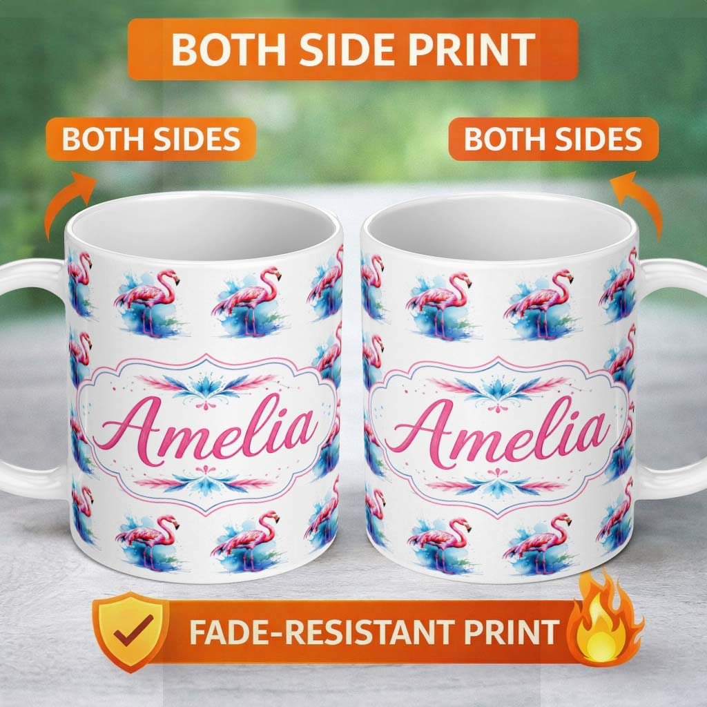 Personalized Custom Name Pink Flamingo Watercolor Splash Seamless Pattern Tropical Bird Art 11oz Ceramic Coffee Tea Mug White Large Handle