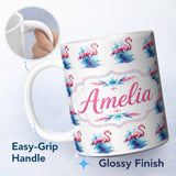 Personalized Custom Name Pink Flamingo Watercolor Splash Seamless Pattern Tropical Bird Art 11oz Ceramic Coffee Tea Mug White Large Handle