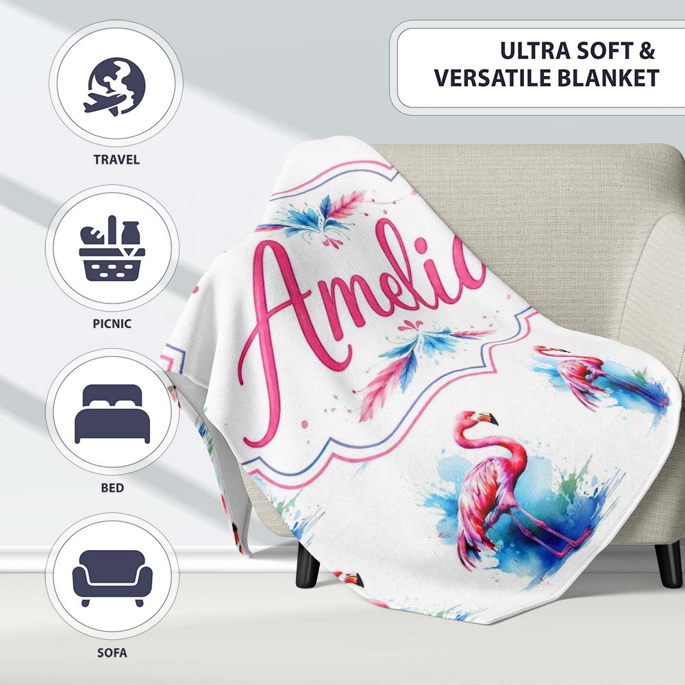 Pink Flamingo Watercolor Splash Seamless Pattern Tropical Bird Art  Personalised Custom Name Super Soft Fleece Blanket Bed Sofa Throw