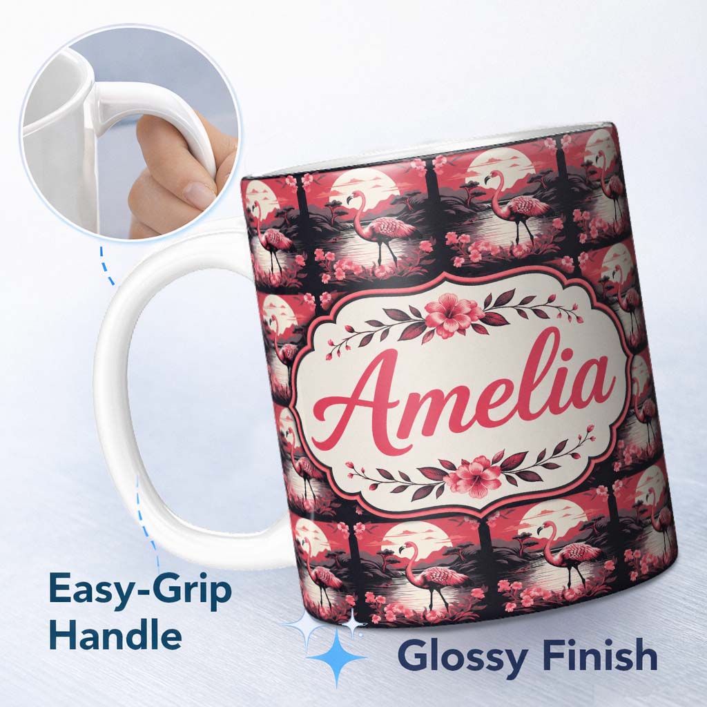 Personalized Custom Name Flamingo Sunset Lake Tropical Scenic Seamless Pattern Exotic Bird 11oz Ceramic Coffee Tea Mug White Large Handle