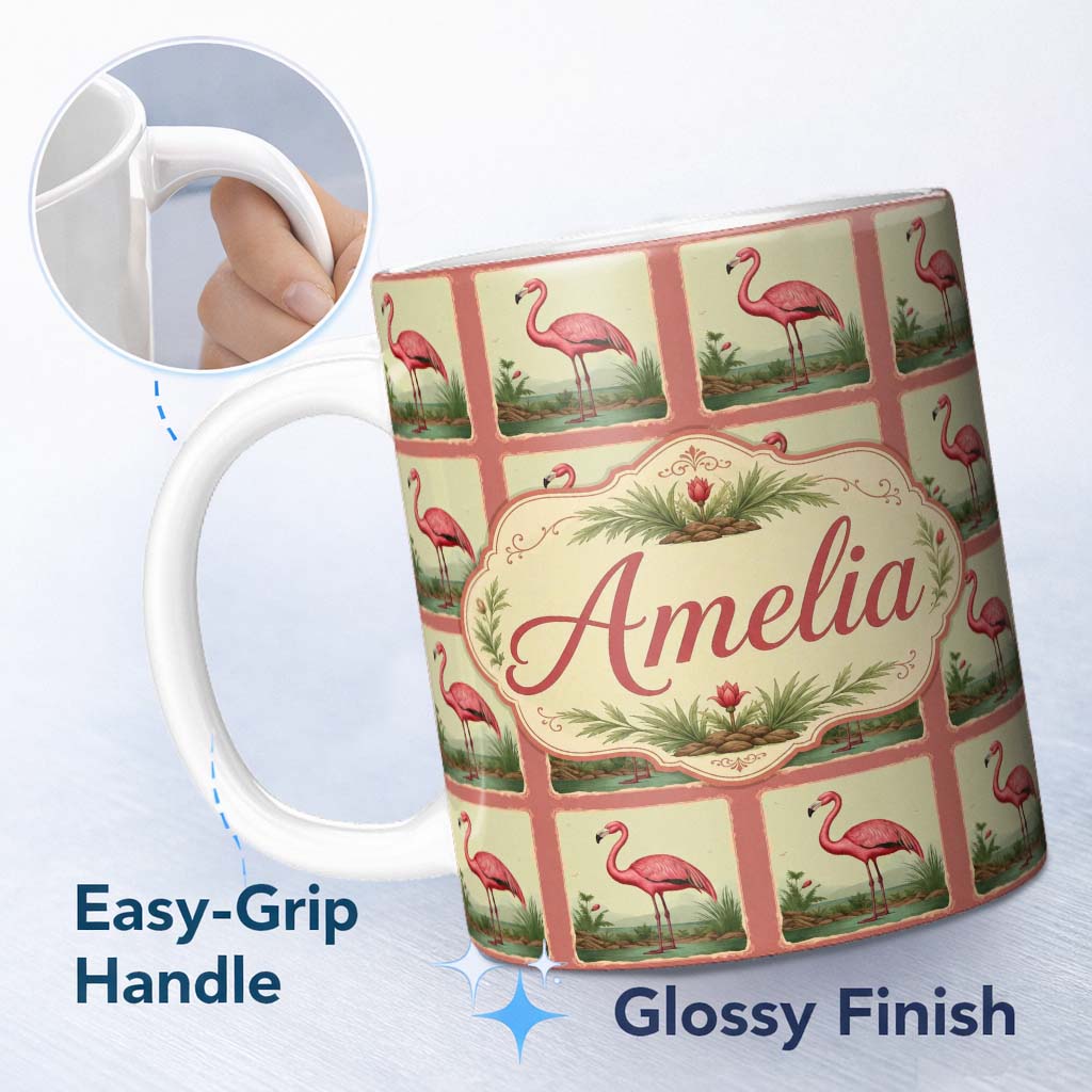 Personalized Custom Name Vintage Flamingo Frame Botanical Landscape Seamless Pattern Bird 11oz Ceramic Coffee Tea Mug White Large Handle