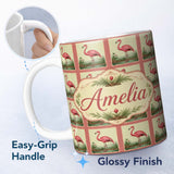Personalized Custom Name Vintage Flamingo Frame Botanical Landscape Seamless Pattern Bird 11oz Ceramic Coffee Tea Mug White Large Handle