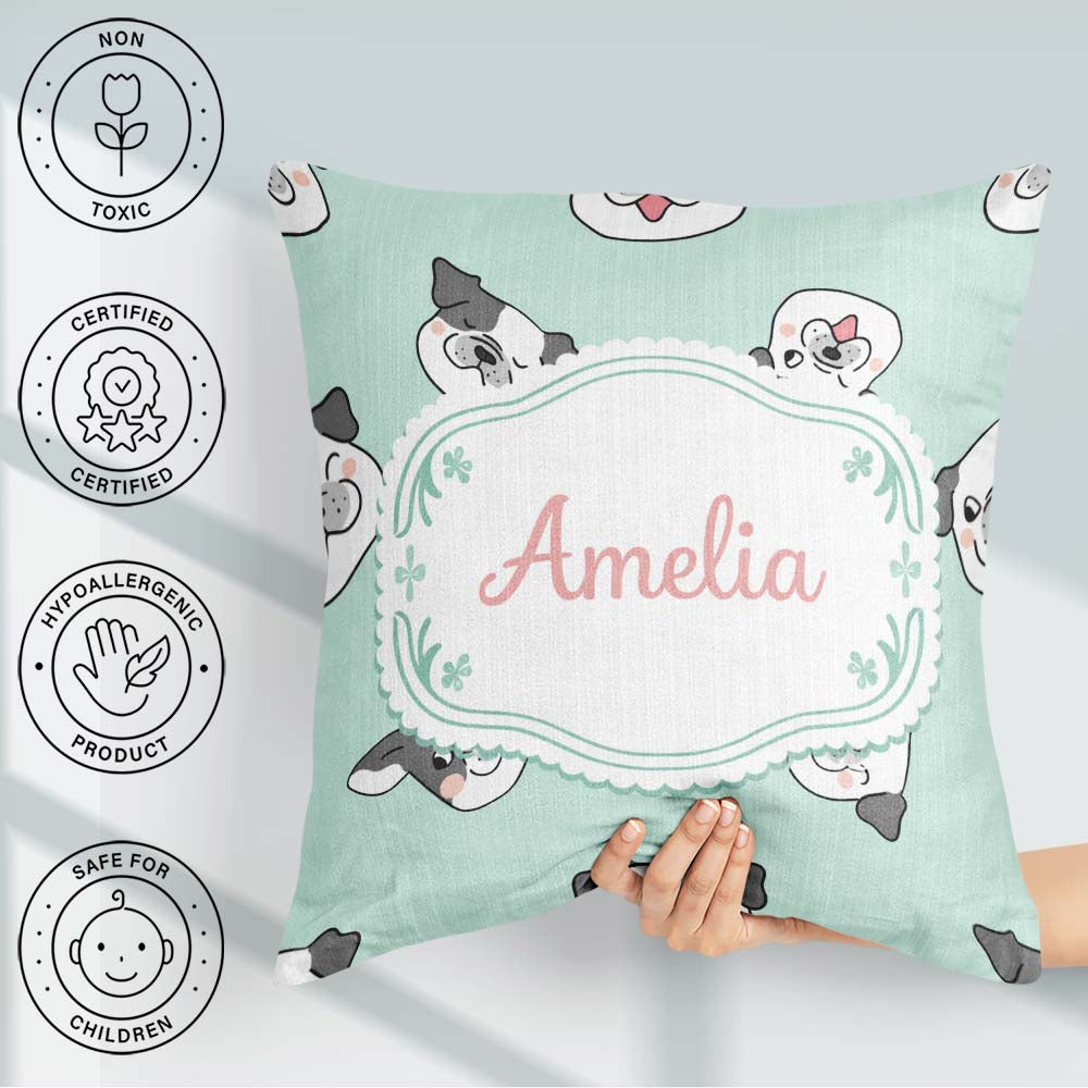 Custom Name Cute French Bulldog Teal Background Seamless Pattern Square Filled Cushion Throw Pillow Sofa Bed Home Decor Zip Washable UK Made