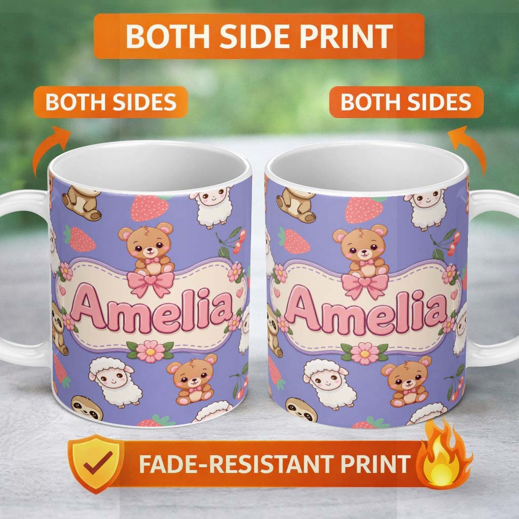 Personalized Custom Name Cute Bear Sloth Lamb Cherry Strawberry Seamless Pattern on Lavender 11oz Ceramic Coffee Tea Mug White Large Handle