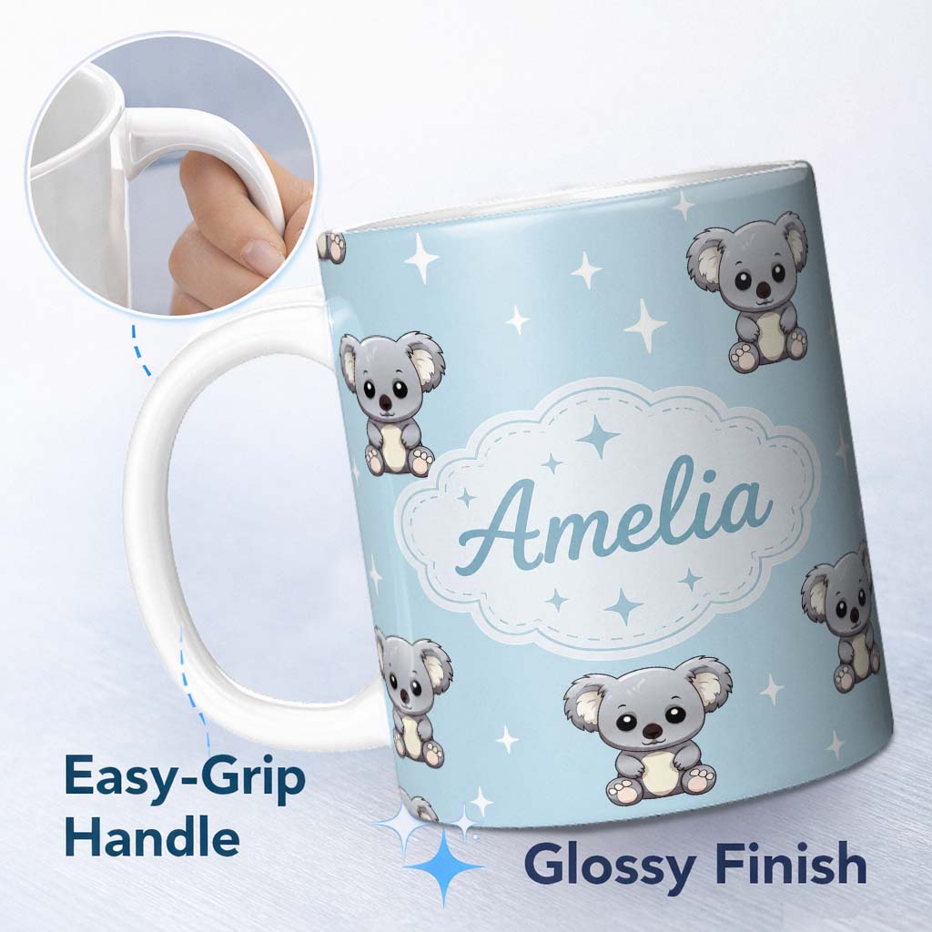 Personalized Custom Name Cute Cartoon Koala Bears with Stars on Blue Background Seamless 11oz Ceramic Coffee Tea Mug White Large Handle