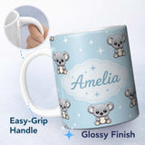 Personalized Custom Name Cute Cartoon Koala Bears with Stars on Blue Background Seamless 11oz Ceramic Coffee Tea Mug White Large Handle